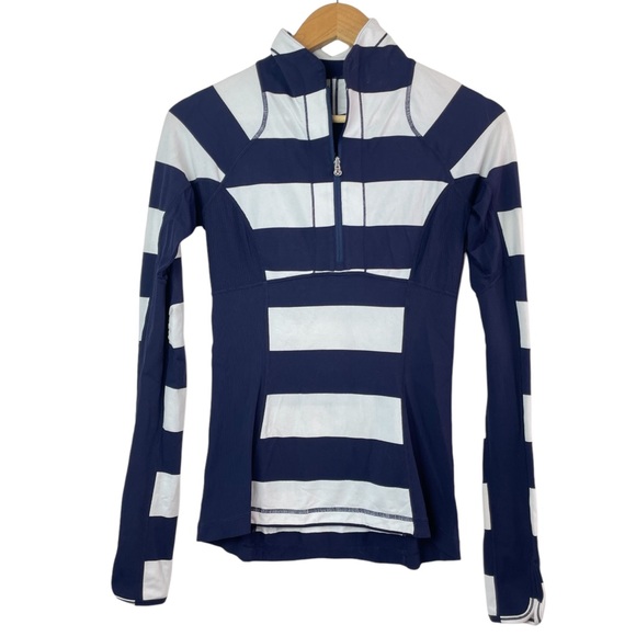 Lululemon Run Switch Back 1/2 Zip Pullover Wide Bold Stripe Blue White Size 4 - Picture 2 of 16